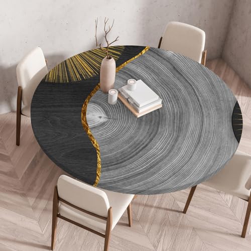 Odot Elastische Tischdecke Rund Ourdoor, Minimalist Druck Tischdecke Abwaschbar Abwischbar Wasserdicht Gartentischdecken Tischtuch für Dekoration Garten Partys Kaffee (Graues Holz,100cm) von Odot