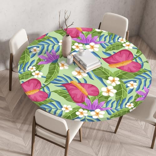 Odot Elastische Tischdecke Rund Ourdoor, Tischdecke Abwaschbar Abwischbar Wasserdicht Gartentischdecken Tischtuch für Dekoration Garten Partys Kaffee - 3D Blumen Pflanzen (Plumeria,70cm) von Odot