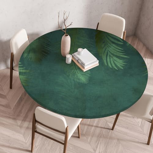 Odot Elastische Tischdecke Rund Ourdoor, Tischdecke Abwaschbar Abwischbar Wasserdicht Gartentischdecken Tischtuch für Dekoration Garten Partys Kaffee - 3D Glänzende Blätter (Dunkelgrün,100cm) von Odot