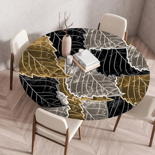 Odot Elastische Tischdecke Rund Ourdoor, Tischdecke Abwaschbar Abwischbar Wasserdicht Gartentischdecken Tischtuch für Dekoration Garten Partys Kaffee - 3D Glänzende Blätter (Schwarz Gold,70cm) von Odot
