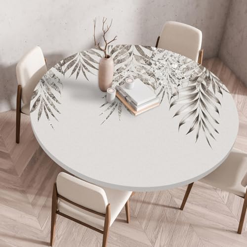 Odot Elastische Tischdecke Rund Ourdoor, Tischdecke Abwaschbar Abwischbar Wasserdicht Gartentischdecken Tischtuch für Dekoration Garten Partys Kaffee - 3D Glänzende Blätter (Weiß,90cm) von Odot