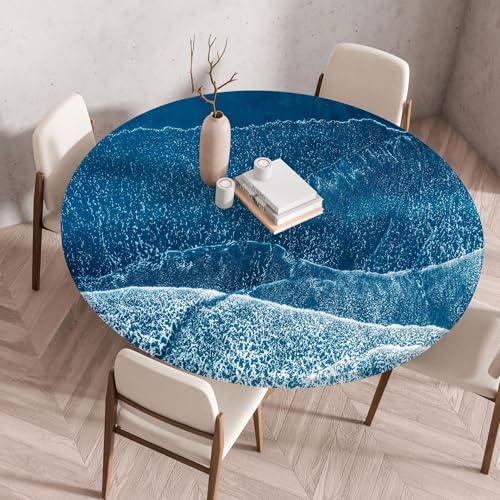 Odot Elastische Tischdecke Rund Ourdoor, Tischdecke Abwaschbar Abwischbar Wasserdicht Gartentischdecken Tischtuch für Dekoration Garten Partys Kaffee - 3D Meereslandschaft (Blaues Meer,70cm) von Odot