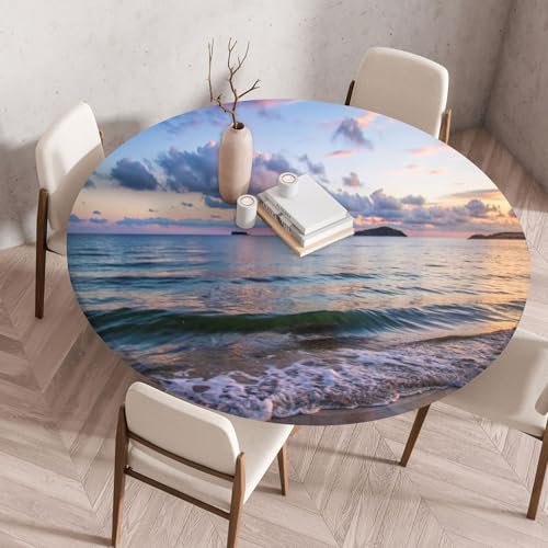 Odot Elastische Tischdecke Rund Ourdoor, Tischdecke Abwaschbar Abwischbar Wasserdicht Gartentischdecken Tischtuch für Dekoration Garten Partys Kaffee - 3D Meereslandschaft (Himmel,110cm) von Odot