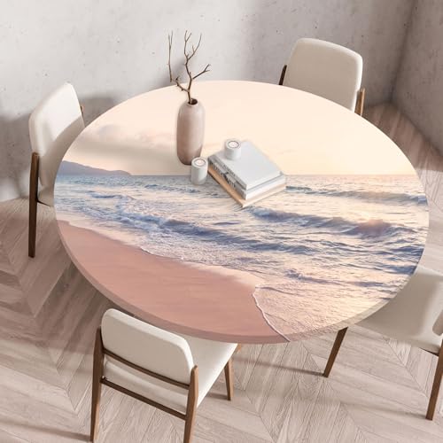 Odot Elastische Tischdecke Rund Ourdoor, Tischdecke Abwaschbar Abwischbar Wasserdicht Gartentischdecken Tischtuch für Dekoration Garten Partys Kaffee - 3D Meereslandschaft (Sonne,80cm) von Odot