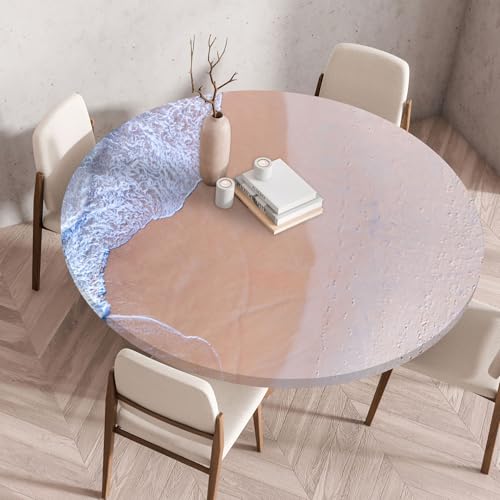 Odot Elastische Tischdecke Rund Ourdoor, Tischdecke Abwaschbar Abwischbar Wasserdicht Gartentischdecken Tischtuch für Dekoration Garten Partys Kaffee - 3D Meereslandschaft (Strand,160cm) von Odot