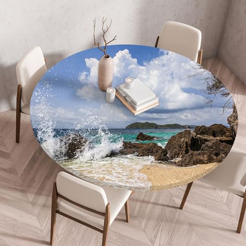 Odot Elastische Tischdecke Rund Ourdoor, Tischdecke Abwaschbar Abwischbar Wasserdicht Gartentischdecken Tischtuch für Dekoration Garten Partys Kaffee - 3D Meereslandschaft (Wolken,130cm) von Odot