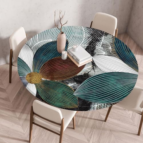 Odot Elastische Tischdecke Rund Ourdoor, Tischdecke Abwaschbar Abwischbar Wasserdicht Gartentischdecken Tischtuch für Dekoration Garten Partys Kaffee - 3D Pflanzen Blumen (Dunkelgrün,60cm) von Odot