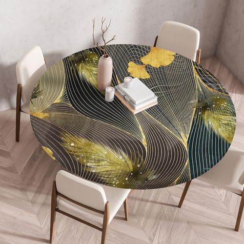 Odot Elastische Tischdecke Rund Ourdoor, Tischdecke Abwaschbar Abwischbar Wasserdicht Gartentischdecken Tischtuch für Dekoration Garten Partys Kaffee - 3D Pflanzen Blumen (Goldener Glanz,60cm) von Odot