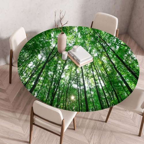 Odot Elastische Tischdecke Rund Ourdoor Abwaschbar, 3D Grüne Natur Tischdecke Wasserdicht Schmutzabweisend Gartentischdecken Abwischbar Tischtuch Tischschutz für Partys Kaffee (Bäume,90cm) von Odot