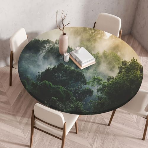 Odot Elastische Tischdecke Rund Ourdoor Abwaschbar, 3D Grüne Natur Tischdecke Wasserdicht Schmutzabweisend Gartentischdecken Abwischbar Tischtuch Tischschutz für Partys Kaffee (Berg,60cm) von Odot