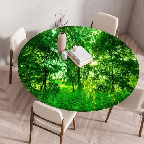Odot Elastische Tischdecke Rund Ourdoor Abwaschbar, 3D Grüne Natur Tischdecke Wasserdicht Schmutzabweisend Gartentischdecken Abwischbar Tischtuch Tischschutz für Partys Kaffee (Blätter,100cm) von Odot