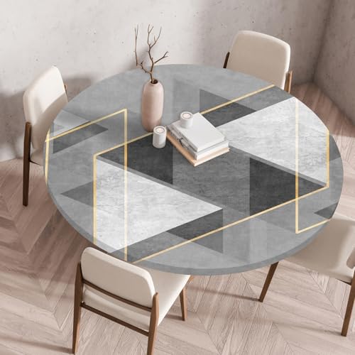 Odot Elastische Tischdecke Rund Ourdoor Abwaschbar - Geometrie Muster Tischdecke Wasserdicht Schmutzabweisend Gartentischdecken Abwischbar Tischtuch Tischschutz für Party Kaffee (Grau,110cm) von Odot