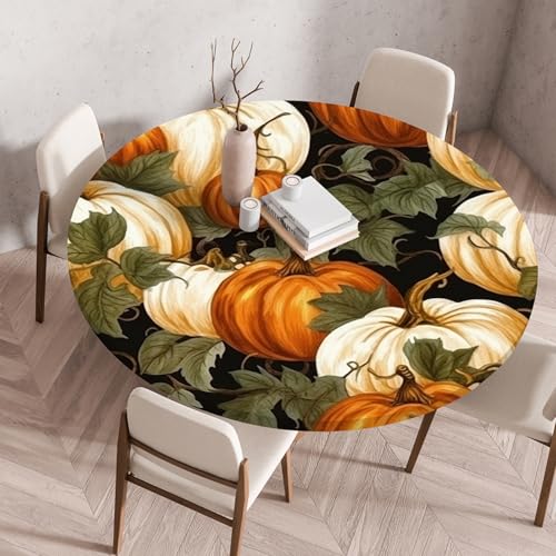 Odot Elastische Tischdecke Rund Ourdoor Tischdecke Abwaschbar Abwischbar Wasserdicht Gartentischdecken Tischtuch Schmutzabweisend für Garten Partys Kaffee, Halloween Kürbis (Blätter,120cm) von Odot
