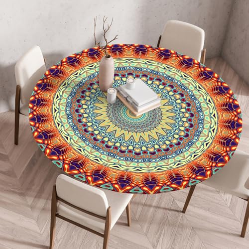 Odot Elastische Tischdecke Rund Ourdoor Tischdecke Abwaschbar Abwischbar Wasserdicht Gartentischdecken Tischtuch Schmutzabweisend für Garten Partys Kaffee, Mosaikkunst (Blatt,110cm) von Odot