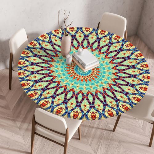 Odot Elastische Tischdecke Rund Ourdoor Tischdecke Abwaschbar Abwischbar Wasserdicht Gartentischdecken Tischtuch Schmutzabweisend für Garten Partys Kaffee, Mosaikkunst (Grün,120cm) von Odot