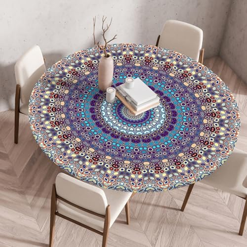 Odot Elastische Tischdecke Rund Ourdoor Tischdecke Abwaschbar Abwischbar Wasserdicht Gartentischdecken Tischtuch Schmutzabweisend für Garten Partys Kaffee, Mosaikkunst (Lila,90cm) von Odot