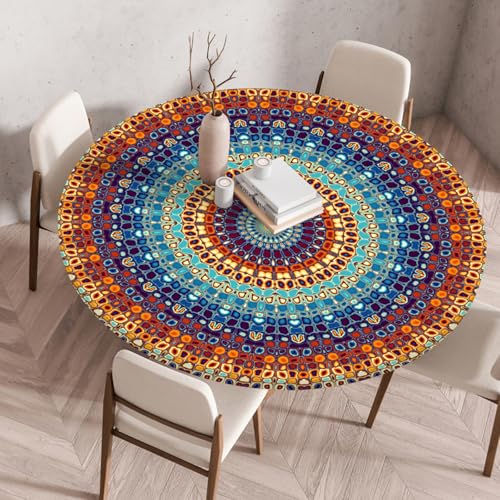Odot Elastische Tischdecke Rund Ourdoor Tischdecke Abwaschbar Abwischbar Wasserdicht Gartentischdecken Tischtuch Schmutzabweisend für Garten Partys Kaffee, Mosaikkunst (Mandala,60cm) von Odot