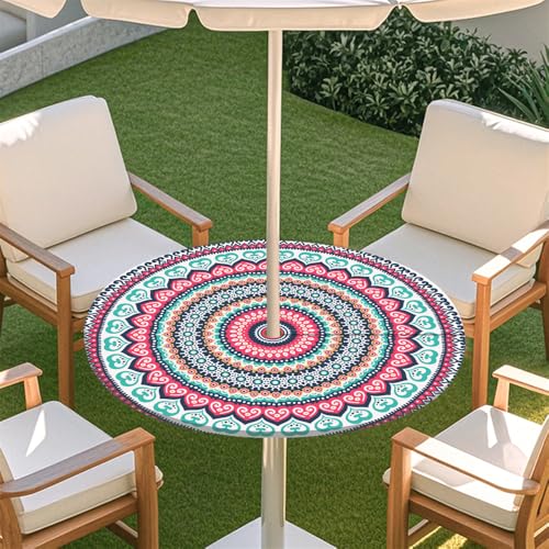 Odot Elastische Tischdecke Runde Outdoor mit Loch und Reißverschluss, Wasserdicht Abwaschbar Tischtuch Tischdecke Wetterfest Gartentischdecke für Sonnenschirm (Klassisches Bohemian 5,S:79-89cm) von Odot