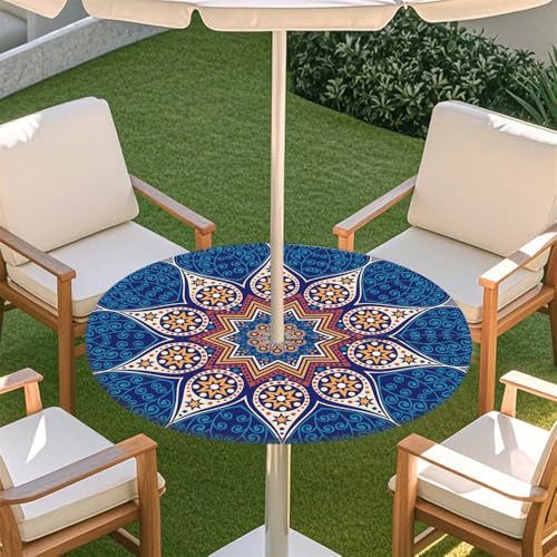 Odot Elastische Tischdecke Runde Outdoor mit Loch und Reißverschluss, Wasserdicht Abwaschbar Tischtuch Tischdecke Wetterfest Gartentischdecke für Sonnenschirm (Klassisches Bohemian 6,S:79-89cm) von Odot