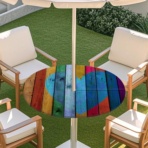 Odot Elastische Tischdecke Runde Outdoor mit Loch und Reißverschluss Holzmaserung Wasserdicht Abwaschbar Tischtuch Tischdecke Outdoor Wetterfest Gartentischdecke für Party Café (Bunt,L:114-137cm) von Odot