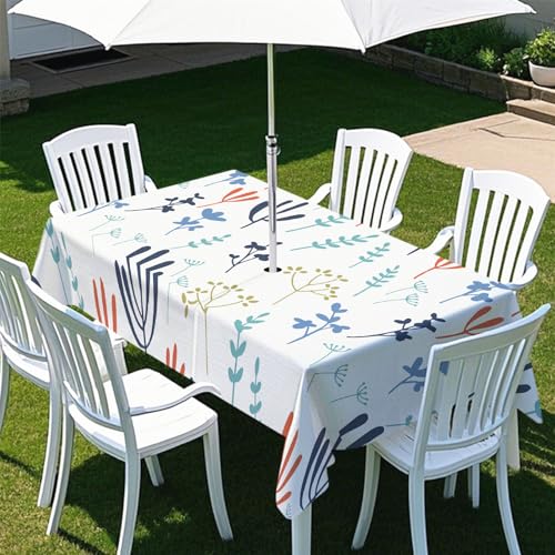 Odot Regenschirm Tischdecke Outdoor, Außenbereich Wasserdicht Rechteckige Tischtuch mit Sonnenschirm Loch und Reißverschluss für Terrasse, Garten, Party,Patio, Moderne Blumen (Pflanze,259x152cm) von Odot