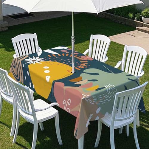 Odot Regenschirm Tischdecke Outdoor, Außenbereich Wasserdicht Rechteckige Tischtuch mit Sonnenschirm Loch und Reißverschluss für Terrasse, Garten, Party,Patio, Pflanze Kunst (Graffiti,213x152cm) von Odot
