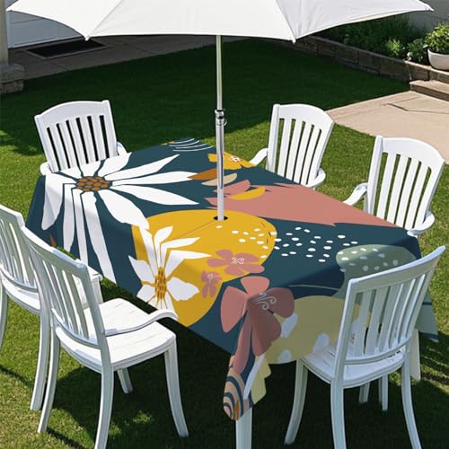 Odot Regenschirm Tischdecke Outdoor, Außenbereich Wasserdicht Rechteckige Tischtuch mit Sonnenschirm Loch und Reißverschluss für Terrasse, Garten, Party,Patio, Pflanze Kunst (Marineblau,213x152cm) von Odot