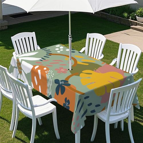 Odot Regenschirm Tischdecke Outdoor, Außenbereich Wasserdicht Rechteckige Tischtuch mit Sonnenschirm Loch und Reißverschluss für Terrasse, Garten, Party,Patio, Pflanze Kunst (Monstera,213x152cm) von Odot