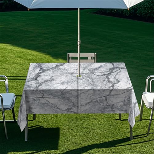 Odot Regenschirm Tischdecke Outdoor, Wasserdicht Tischtuch mit Loch Sonnenschirm Reißverschluss Tischdecke Outdoor Rechteckig für Terrasse, Garten, Patio, 3D Blau Marmor (Grau,259x152cm) von Odot