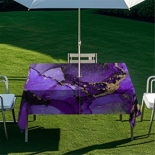 Odot Regenschirm Tischdecke Outdoor, Wasserdicht Tischtuch mit Loch Sonnenschirm Reißverschluss Tischdecke Outdoor Rechteckig für Terrasse, Garten, Patio, 3D Blau Marmor (Lila,259x152cm) von Odot