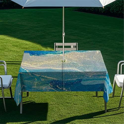 Odot Regenschirm Tischdecke Outdoor, Wasserdicht Tischtuch mit Loch Sonnenschirm Reißverschluss Tischdecke Outdoor Rechteckig für Terrasse, Garten, Patio, 3D Blau Marmor (Malerei,259x152cm) von Odot