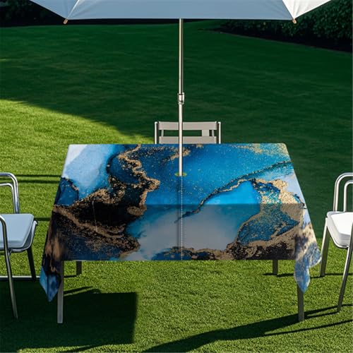 Odot Regenschirm Tischdecke Outdoor, Wasserdicht Tischtuch mit Loch Sonnenschirm Reißverschluss Tischdecke Outdoor Rechteckig für Terrasse, Garten, Patio, 3D Blau Marmor (Ozean,305x152cm) von Odot