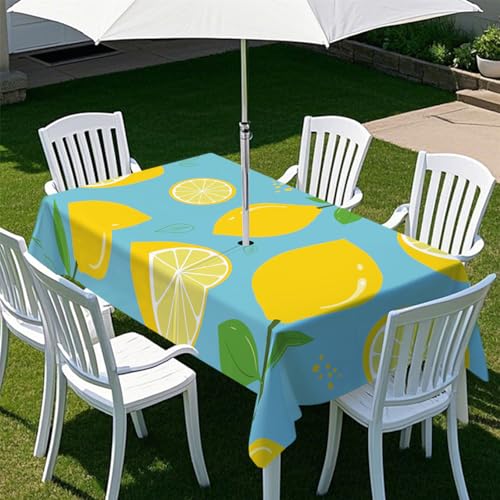 Odot Regenschirm Tischdecke Outdoor, Wasserdicht Tischtuch mit Loch Sonnenschirm Reißverschluss Tischdecke Outdoor Rechteckig für Terrasse, Garten, Patio, 3D Orange Zitrone (Blau,305x152cm) von Odot