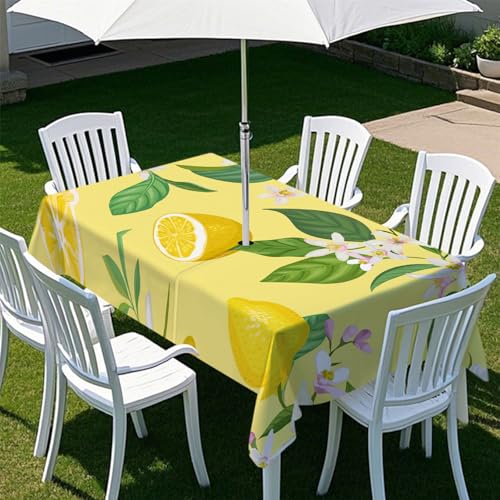 Odot Regenschirm Tischdecke Outdoor, Wasserdicht Tischtuch mit Loch Sonnenschirm Reißverschluss Tischdecke Outdoor Rechteckig für Terrasse, Garten, Patio, 3D Orange Zitrone (Blumen,305x152cm) von Odot
