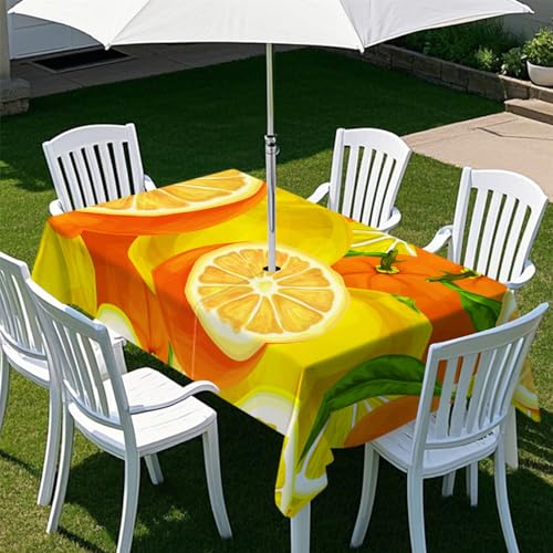 Odot Regenschirm Tischdecke Outdoor, Wasserdicht Tischtuch mit Loch Sonnenschirm Reißverschluss Tischdecke Outdoor Rechteckig für Terrasse, Garten, Patio, 3D Orange Zitrone (Orange,305x152cm) von Odot