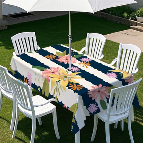 Odot Regenschirm Tischdecke Outdoor, Wasserdicht Tischtuch mit Loch Sonnenschirm Reißverschluss Tischdecke Outdoor Rechteckig für Terrasse, Garten, Patio, 3D Retro Blumen (Streifen,305x152cm) von Odot
