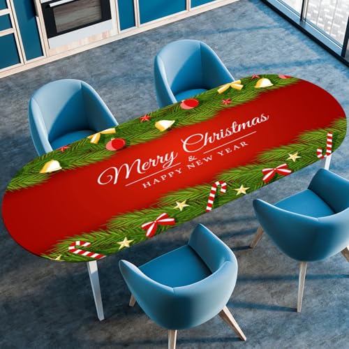 Odot Rote Weihnachten Waschbare Elastische Runde Tischdecke Oval Abwaschbar Spanntischdecke Oval Gartentischdecke Outdoor Tischdecke mit Gummizug, Heiligabend (Glocken,132x178cm) von Odot
