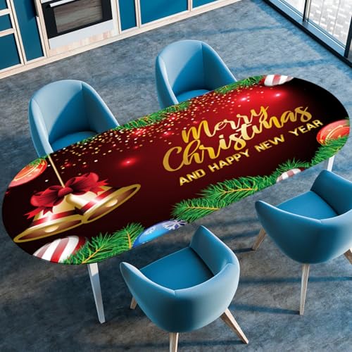 Odot Rote Weihnachten Waschbare Elastische Runde Tischdecke Oval Abwaschbar Spanntischdecke Oval Gartentischdecke Outdoor Tischdecke mit Gummizug, Heiligabend (Gold,132x305cm) von Odot