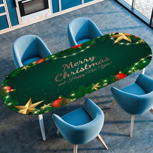 Odot Rote Weihnachten Waschbare Elastische Runde Tischdecke Oval Abwaschbar Spanntischdecke Oval Gartentischdecke Outdoor Tischdecke mit Gummizug, Heiligabend (Grün,132x274cm) von Odot