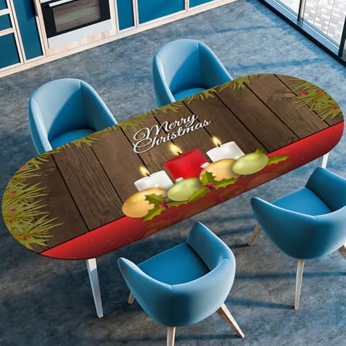 Odot Rote Weihnachten Waschbare Elastische Runde Tischdecke Oval Abwaschbar Spanntischdecke Oval Gartentischdecke Outdoor Tischdecke mit Gummizug, Heiligabend (Kerzen,132x229cm) von Odot