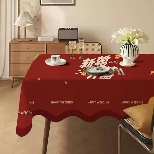 Odot Tischdecke Quadratisch Wasserdicht Baumwolle und Leinen, Pflegeleicht Fleckschutz Abwaschbar Roter Hochzeitsdruck Rechteckig Tischdecke für Home Küche Dekoration (Rot 2,60x120cm) von Odot