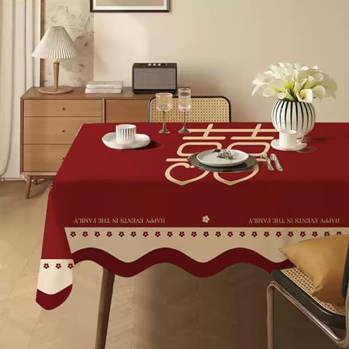 Odot Tischdecke Quadratisch Wasserdicht Baumwolle und Leinen, Pflegeleicht Fleckschutz Abwaschbar Roter Hochzeitsdruck Rechteckig Tischdecke für Home Küche Dekoration (Rot 8,60x120cm) von Odot