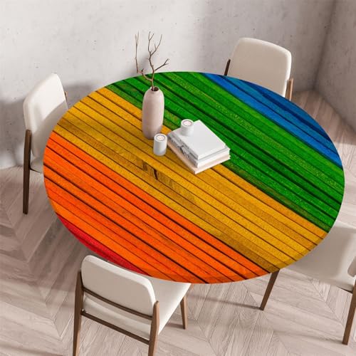 Odot Waschbare Elastische Runde Tischdecke 3D Druck Anti-Tear Wischbare rutschfeste Rund Tischdecken Abwaschbar Abwischbar Tischtuch für Dekoration Kaffee Garten Party (130cm,Regenbogen) von Odot