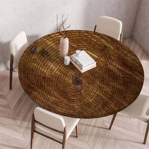 Odot Waschbare Elastische Runde Tischdecke 3D Druck Anti-Tear Wischbare rutschfeste Rund Tischdecken Abwaschbar Abwischbar Tischtuch für Dekoration Kaffee Garten Party (80cm,Brauner Baum) von Odot