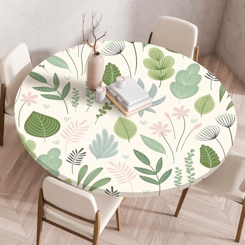Odot Waschbare Elastische Runde Tischdecke 3D Grünpflanzen Anti-Tear Wischbare rutschfeste Rund Tischdecken Abwaschbar Abwischbar Tischtuch für Dekoration Garten Kaffee Partys (90cm,Blumen) von Odot