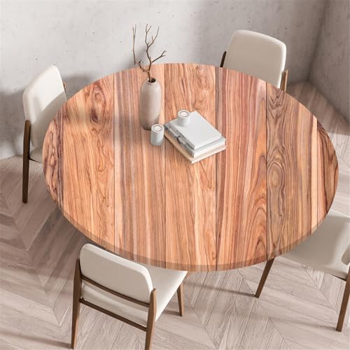 Odot Waschbare Elastische Runde Tischdecke 3D Holzdruck - Anti-Tear Wischbare rutschfeste Rund Tischdecken Abwaschbar Abwischbar Tischtuch für Dekoration Kaffee Garten Party (100cm,Hellbraun) von Odot