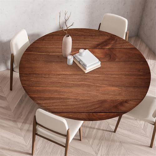 Odot Waschbare Elastische Runde Tischdecke 3D Holzdruck - Anti-Tear Wischbare rutschfeste Rund Tischdecken Abwaschbar Abwischbar Tischtuch für Dekoration Kaffee Garten Party (60cm,Kaffee) von Odot