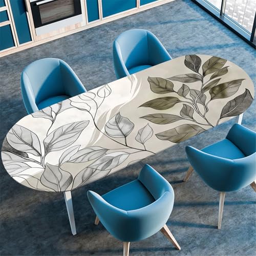 Odot Waschbare Elastische Runde Tischdecke Oval 3D Druck Abwaschbar Spanntischdecke Oval Gartentischdecke Outdoor Oval Tischdecke mit Gummizug, Pflanze Druck (107x183cm,Grau) von Odot