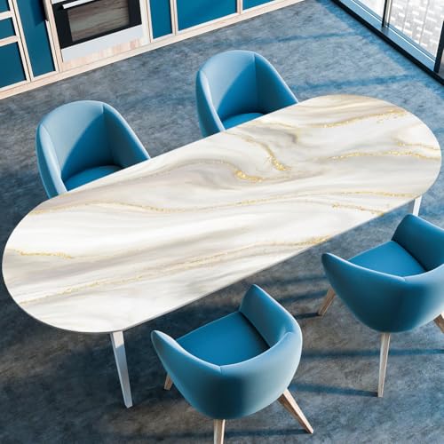 Odot Waschbare Elastische Runde Tischdecke Oval 3D Marmor Abwaschbar Spanntischdecke Oval Gartentischdecke Schwarz Weiß Outdoor Oval Tischdecke mit Gummizug (107x183cm,Weiß) von Odot