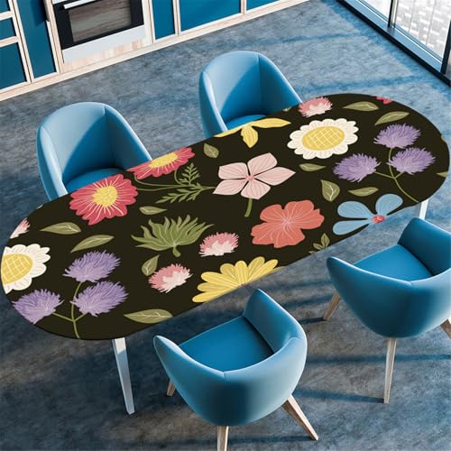 Odot Waschbare Elastische Runde Tischdecke Oval Abwaschbar Spanntischdecke Oval Gartentischdecke Outdoor Oval Tischdecke mit Gummizug, Klassiker Blumen (107x152cm,Gänseblümchen) von Odot
